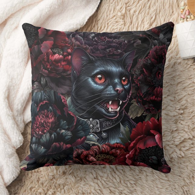 Almofada Gato Preto Gótico & Flores Sombrias (Cobertor)