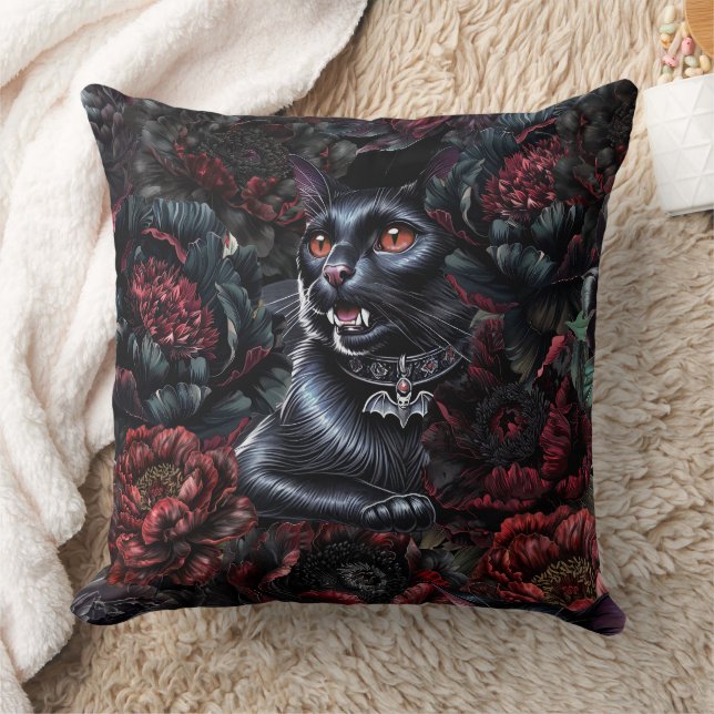 Almofada Gato Preto Gótico & Flores Sombrias (Cobertor)