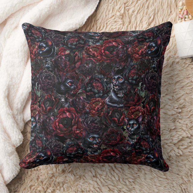 Almofada Gato Preto Gótico & Padrão de Flores Escuras (Cobertor)