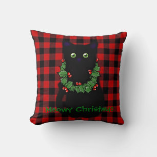Almofada Gato preto Meowy Natal Grinalda de azevinho