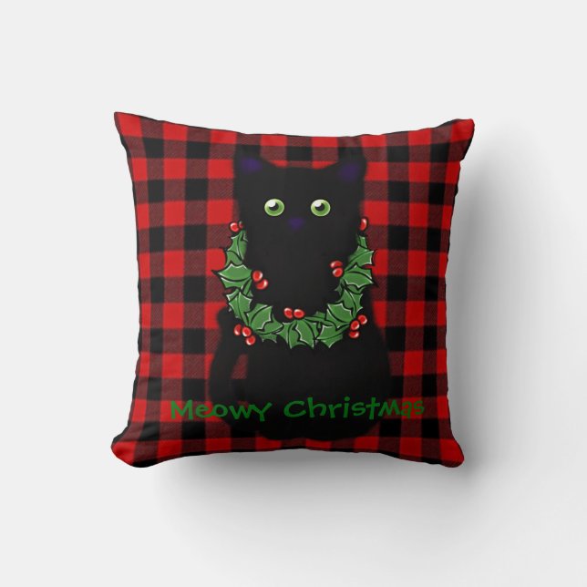 Almofada Gato preto | Meowy Natal | Grinalda de azevinho  (Frente)