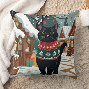 Almofada Gato Preto Natal Neve Férias