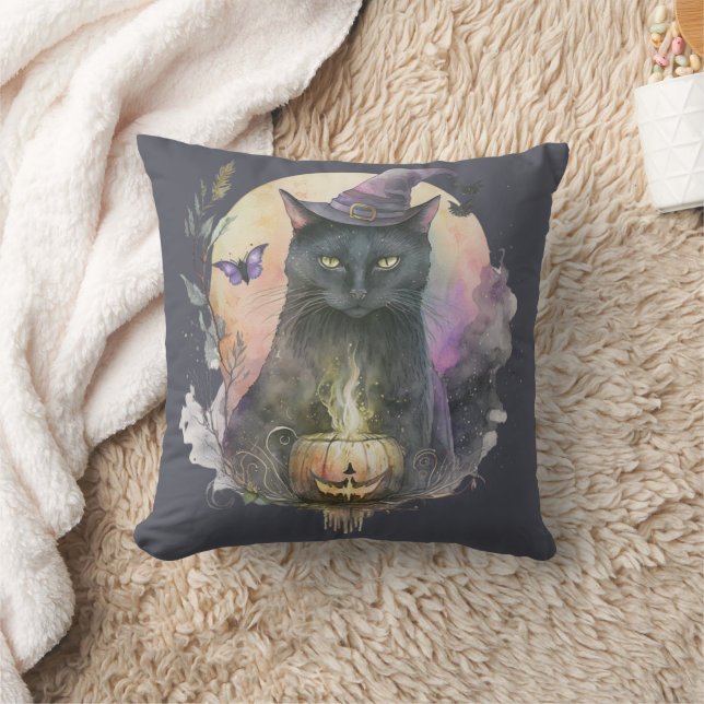 Almofada Gato Preto no Chapéu de Bruxa Cinza Celestial Hall (Cobertor)