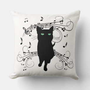 Almofada Gato Preto Rodeado por Notas Musicais Sussurrantes