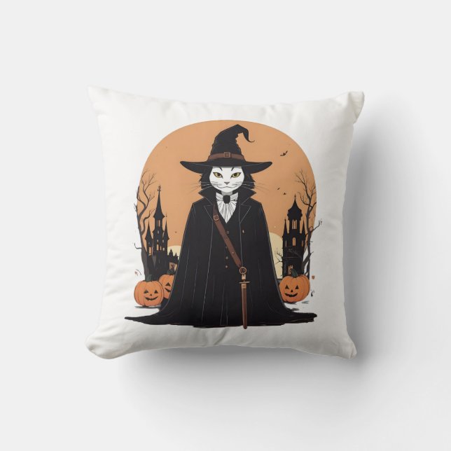 Almofada Gato Preto Salem Místico com Pumpkins (Frente)