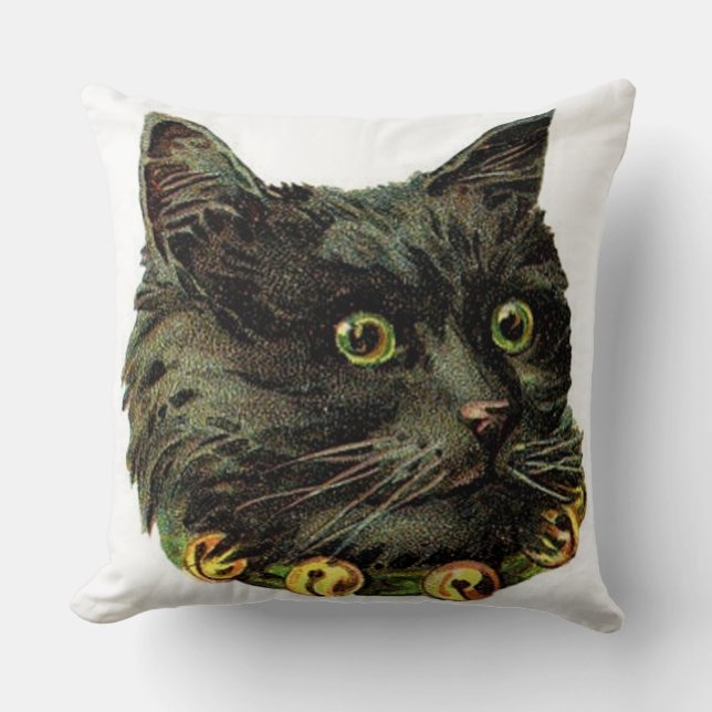 Almofada Gato preto vitoriano com colar de sino (Frente)