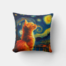 Almofada Gato Ruivo Contemplativo | Céu Noturno Estrelado