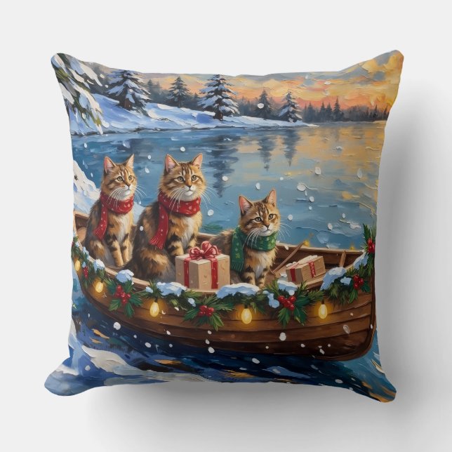 Almofada Gato Siberiano Natal Barco Feriado (Frente)