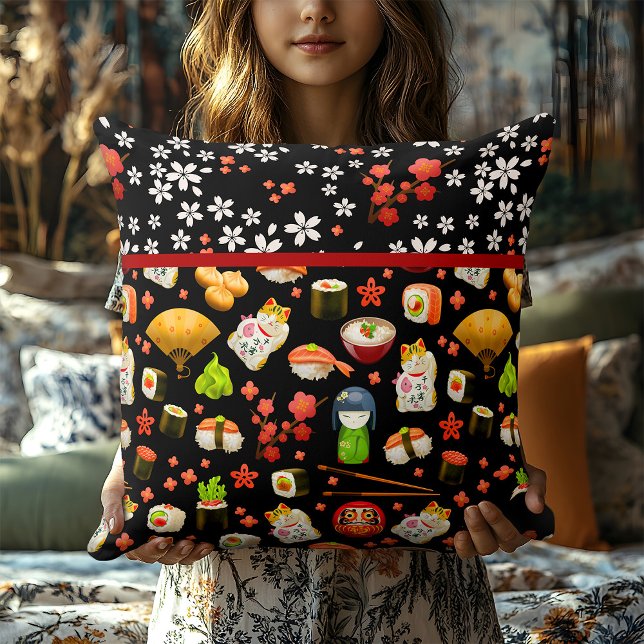 Almofada Gato Sortudo Japonês, Chopsticks e Sushi (Criador carregado)