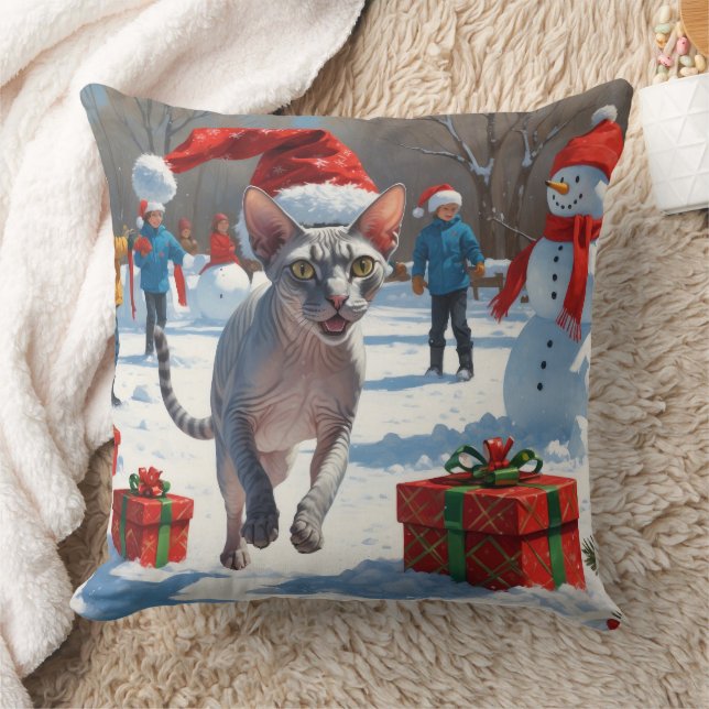 Almofada Gato Sphynx Correndo na Neve com Chapéu de Natal (Cobertor)