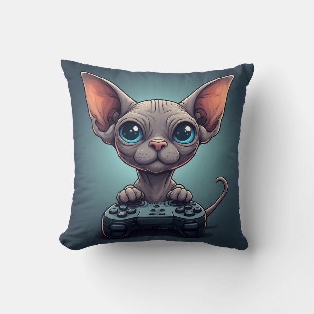 Almofada Gato Sphynx Segurando Controle de Jogo (Frente)
