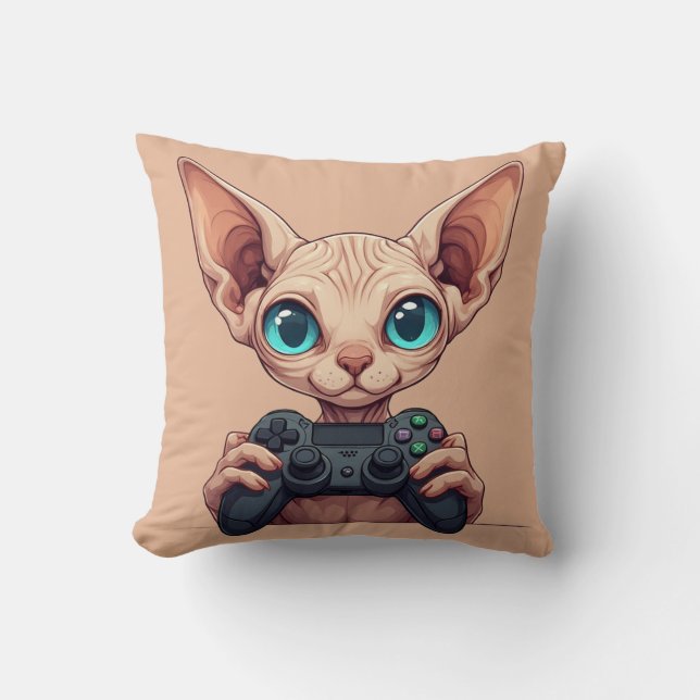 Almofada Gato Sphynx Segurando Controle de Jogo (Frente)