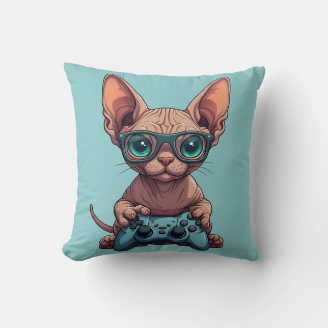 Almofada Gato Sphynx Segurando Controle de Jogo (Frente)
