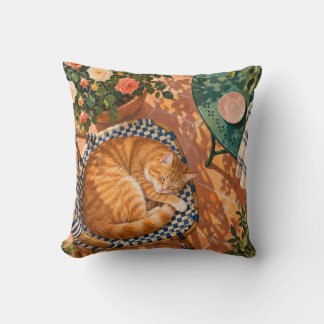 Almofada Gato Tabby Laranja Adormecido Cadeira Bistrô Azul
