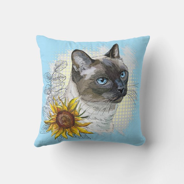Almofada Gato tailandês engraçado desenhando mão com flores (Verso)