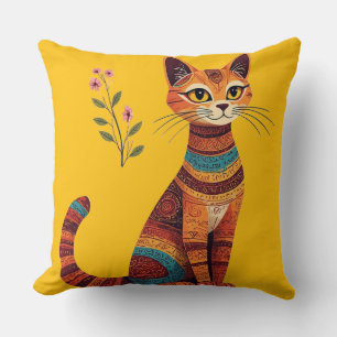 Almofada Gato Tribal Boho Fofo Arte Folclórica com Flores