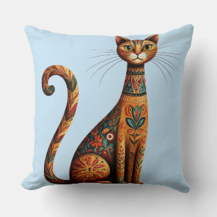 Almofada Gato Tribal Boho Fofo Arte Folclórica com Flores