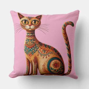 Almofada Gato Tribal Boho Fofo Arte Folclórica com Flores
