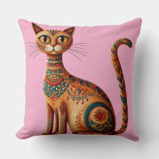 Almofada Gato Tribal Boho Fofo Arte Folclórica com Flores