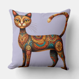 Almofada Gato Tribal Boho Fofo Arte Folclórica com Flores