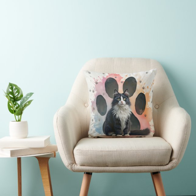 Almofada Gato Tuxedo com um Fundo de Impressão de Pata (Cadeira)