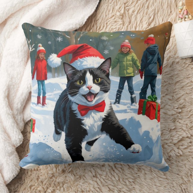 Almofada Gato Tuxedo Correndo na Neve com Chapéu de Natal (Cobertor)