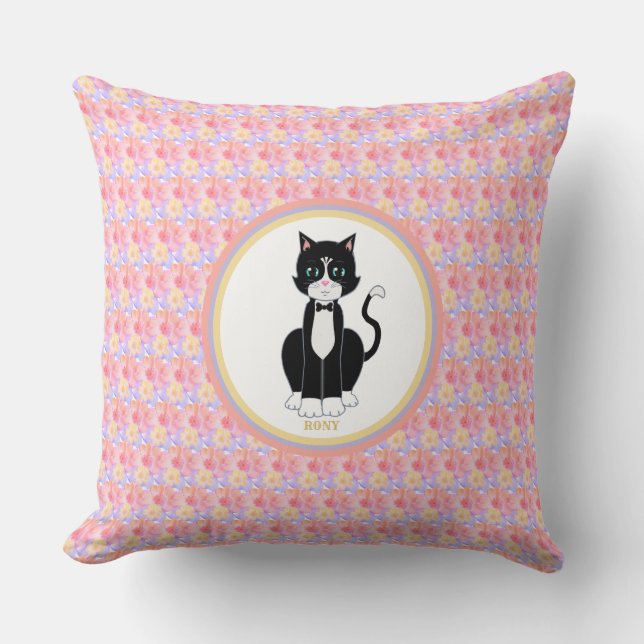 Almofada Gato Tuxedo em Fundo de Flores (Frente)
