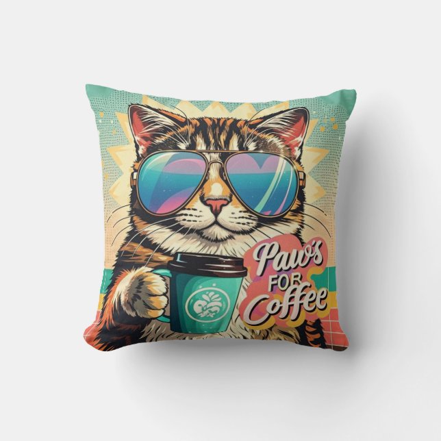 Almofada Gato vestindo óculos de sol enormes com café (Frente)