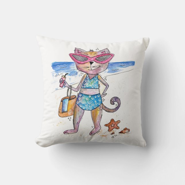Almofada Gato Whimsical na Praia (Frente)