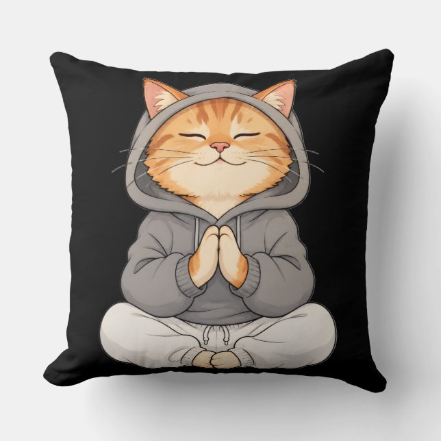 Almofada Gato Zen com Capuz – Gato de Desenho Animado Fofo  (Frente)