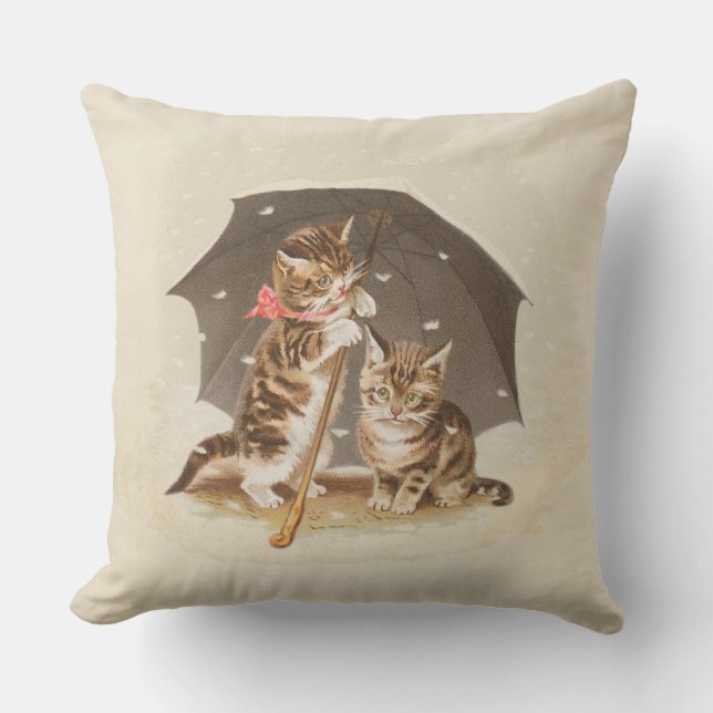 Almofada Gatos antigos debaixo de guarda-chuva arte de gato (Frente)