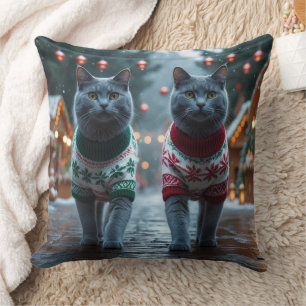 Almofada Gatos Azuis Russos Natal Neve Férias 