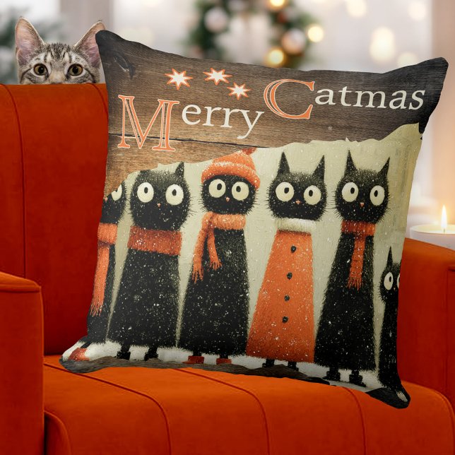 Almofada Gatos Caprichosos Fofo Natal Rústico (Christmas pillow featuring a whimsical painting of cute cats on rustic wood. Original for cat lovers)