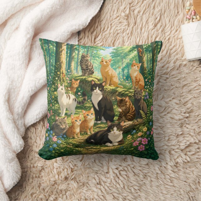 Almofada Gatos Caprichosos numa Floresta Encantada (Cobertor)