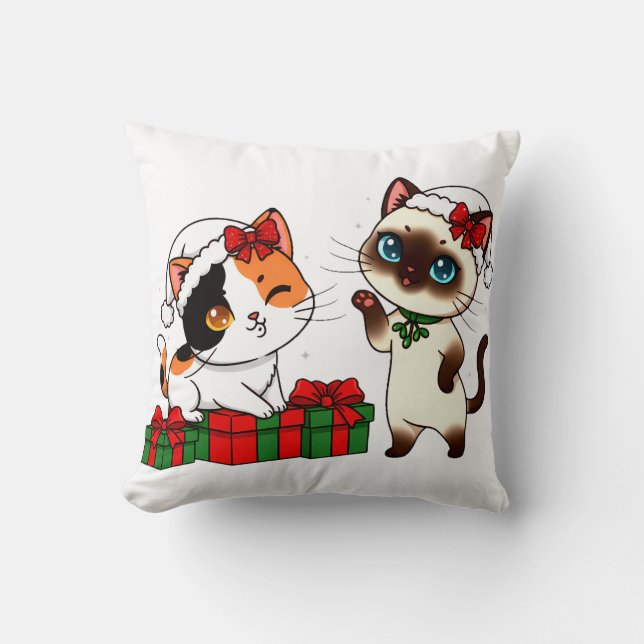 Almofada Gatos Chibi de Natal com Presentes (Frente)