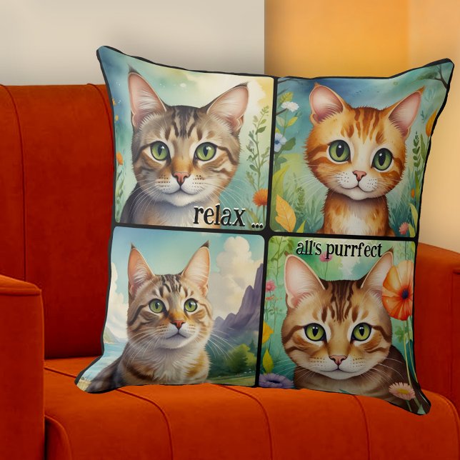 Almofada Gatos Coloridos Diversão Artística  (Pillow featuring 4 colorful paintings of beautiful cats. A cheerful addition to any space)