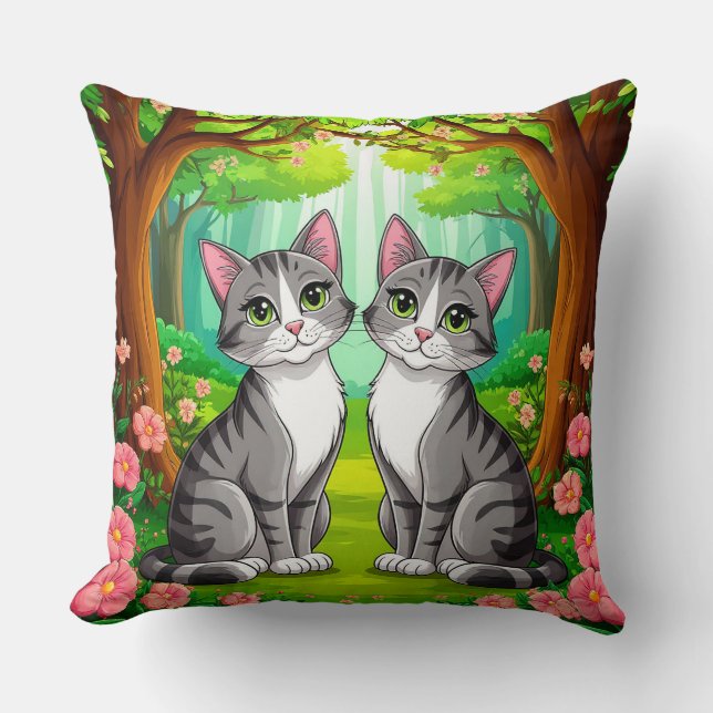 Almofada 🐱 Gatos da Floresta Estilo de Arte de Casa Aconch (Frente)