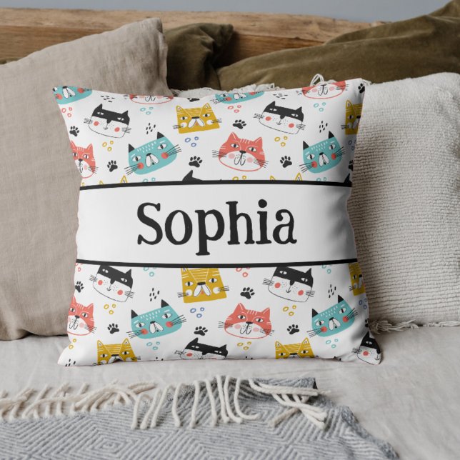 Almofada Gatos divertidos e bonitos, crianças (funny cat pattern kids pillow with name)