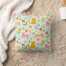 Almofada Gatos Felizes Retro com Flores Laranja Vermelho e 