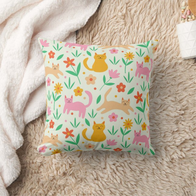 Almofada Gatos Felizes Retro com Flores Laranja Vermelho e  (Cobertor)