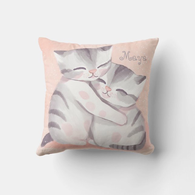 Almofada Gatos Pintados Pastel Rosa E Cinza Aquarela (Verso)