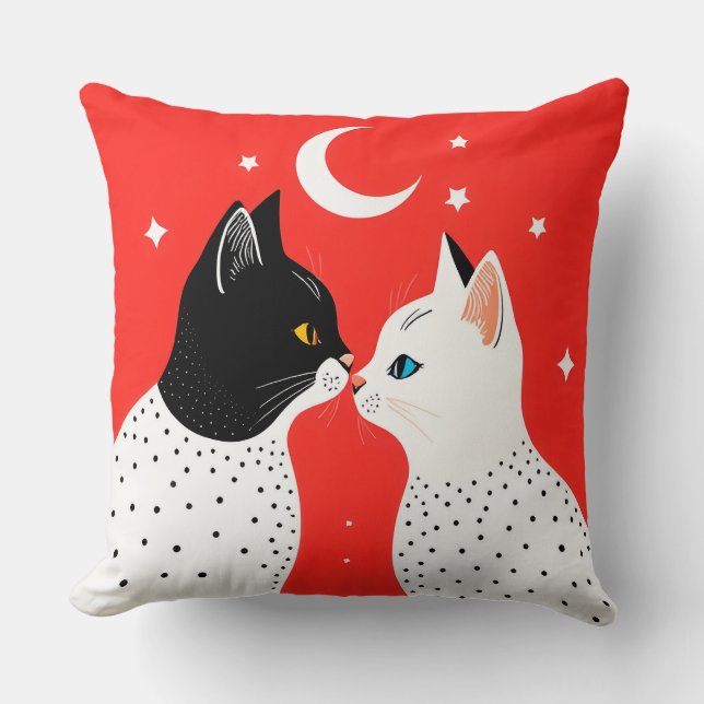 Almofada Gatos Pretos e Brancos Sob uma Lua Crescente (Frente)