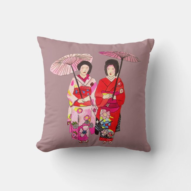 Almofada Geisha moderno japonês com quimono rosa e obi (Frente)