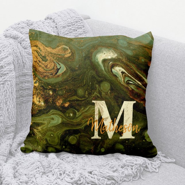 Almofada Geodo Verde e Dourado + Monograma de Espelhos + No (Rustic Green and Gold Geodes Pillow with your Family Monogram and Family Name)