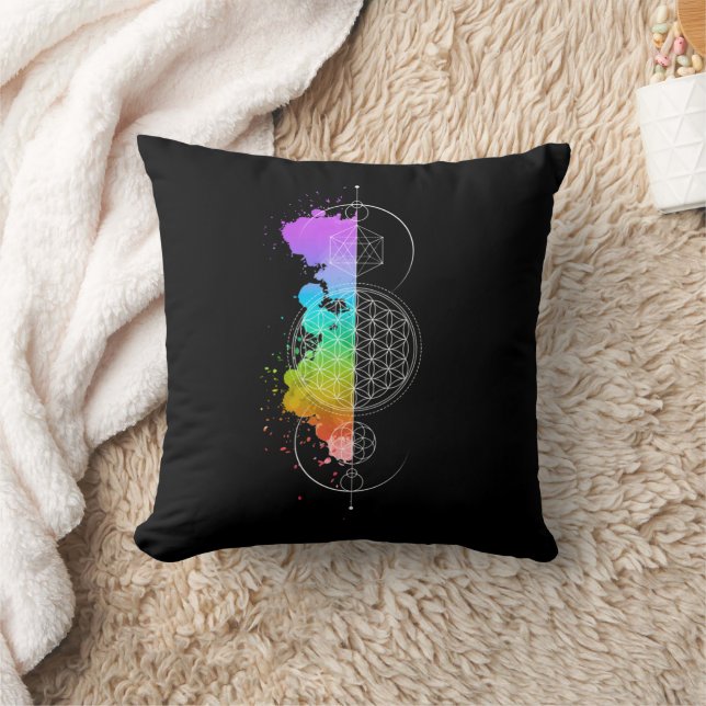 Almofada Geometria Sagrada – Preto com Cores dos Chakras (Cobertor)