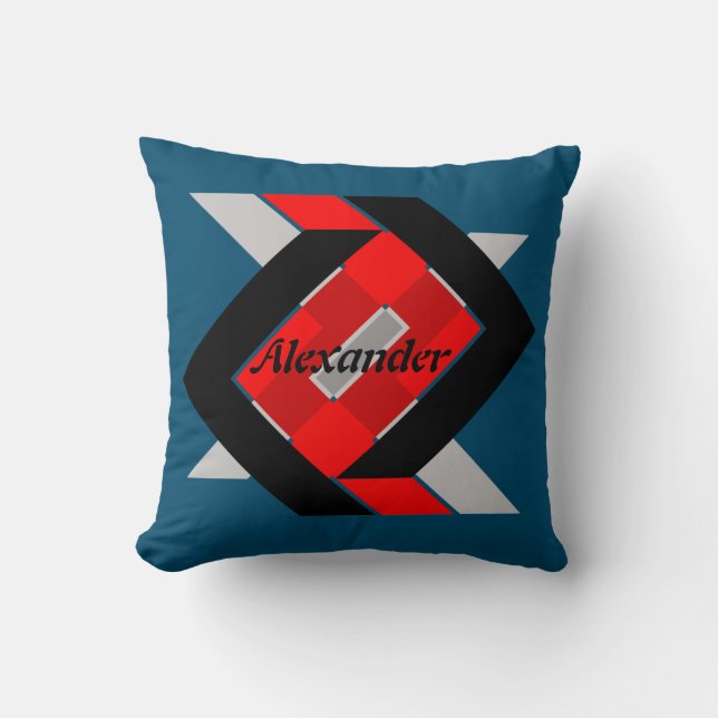 Almofada Geométrico azul cinza vermelho preto personalizado (Frente)