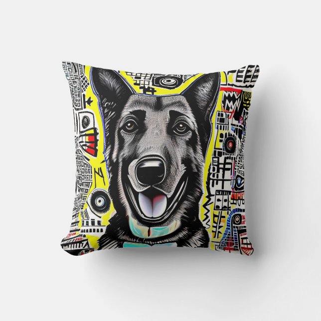 Almofada German shepherd Art com GSD, amarelo vermelho azul (Frente)