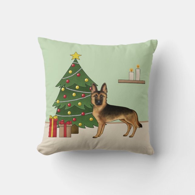 Almofada German shepherd Preto E Tan E Árvore De Natal (Frente)