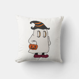 Almofada Ghost holding pumpkin and wearing witch hat