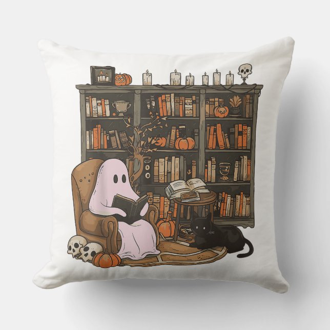 Almofada Ghost Reading Book Cat lover Halloween (Frente)